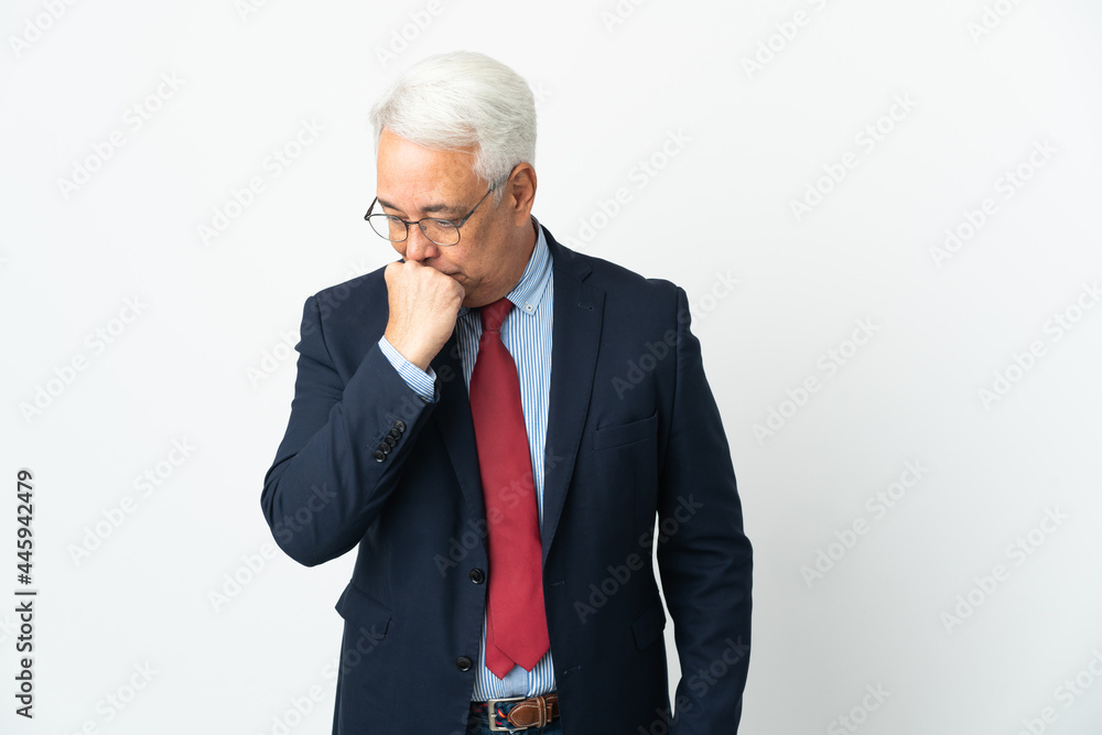Middle age Brazilian business man isolated on white background having doubts Middle age Brazilian business man isolated on white background having doubts