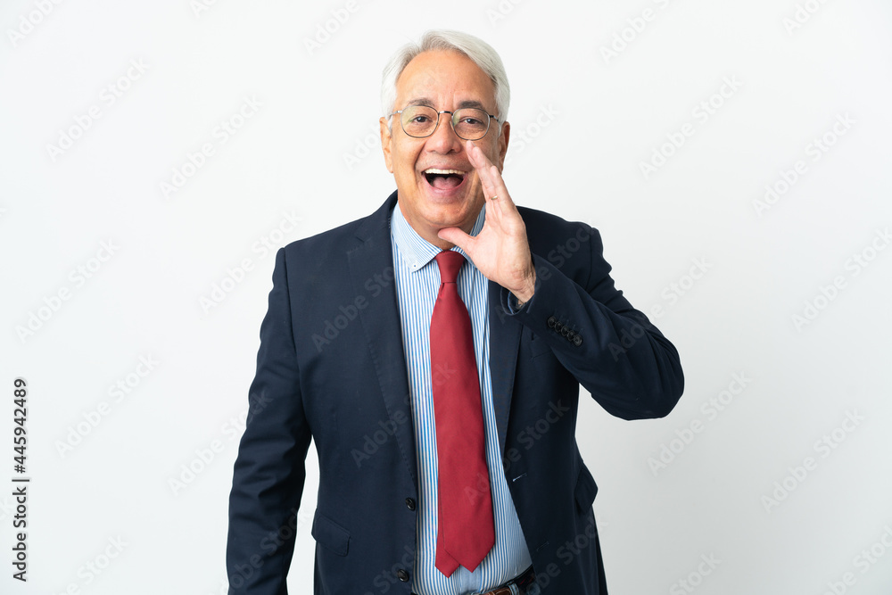 Middle age Brazilian business man isolated on white background shouting with mouth wide open Middle age Brazilian business man isolated on white background shouting with mouth wide open