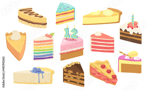 Set Birthday Cakes Dessert Pieces with Candles, Fruits or Berries. Confectionery Sweet Production Pies, Pastry, Bakery