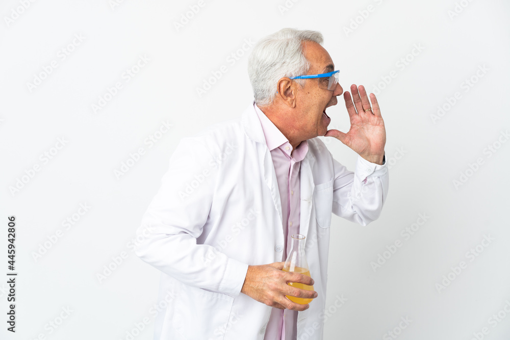 Middle age Brazilian scientific man scientific isolated on white background shouting with mouth wide open to the side Middle age Brazilian scientific man scientific isolated on white background shouting with mouth wide open to the side