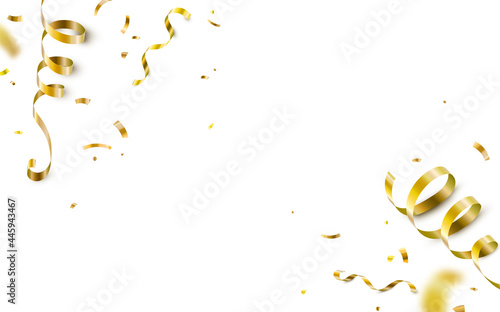 Falling gold confetti, serpentine ribbons isolated on white vector background. Glitter tinsel, shiny golden streamers frame, border in 3d realistic style for birthday, party, carnival design