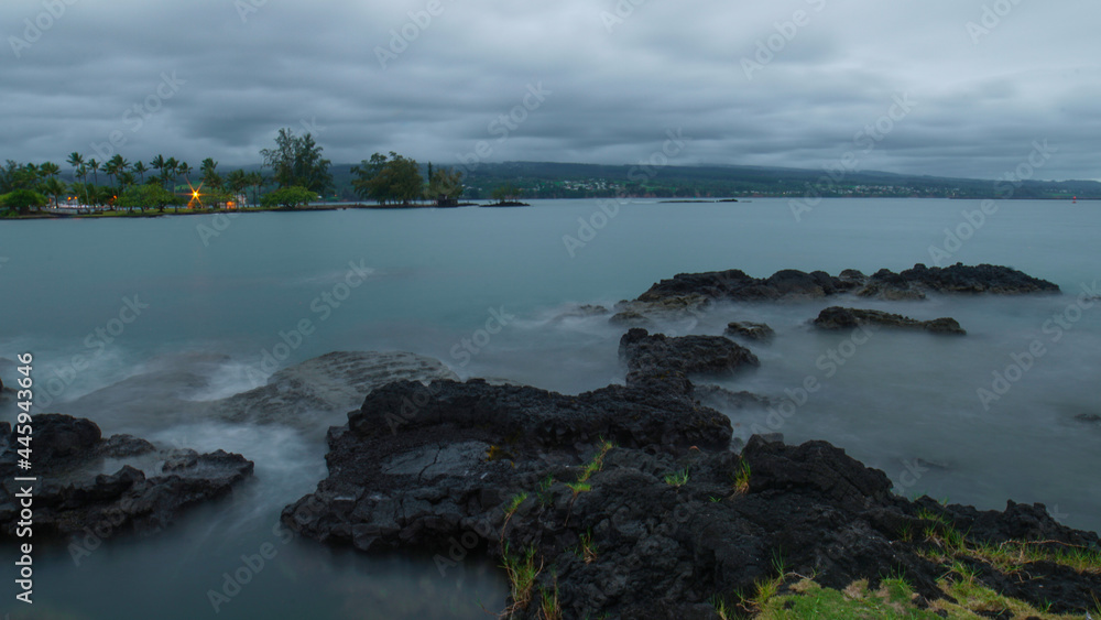 overcast volcanic rock tide pools