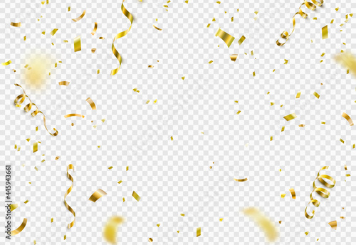 Gold confetti, serpentine ribbons isolated on transparent vector background. Glitter tinsel, shiny streamer pattern in 3d realistic style for birthday, party, carnival design