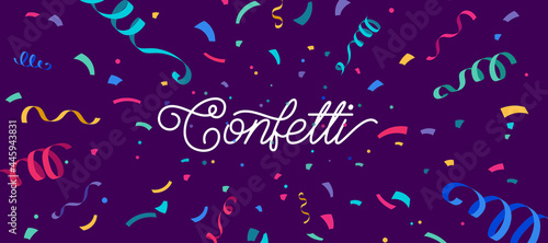Confetti vector banner background with colorful serpentine ribbons, place for yours text at the center. Anniversary, celebration, greeting illustration in flat simple cartoon style with fun explosion