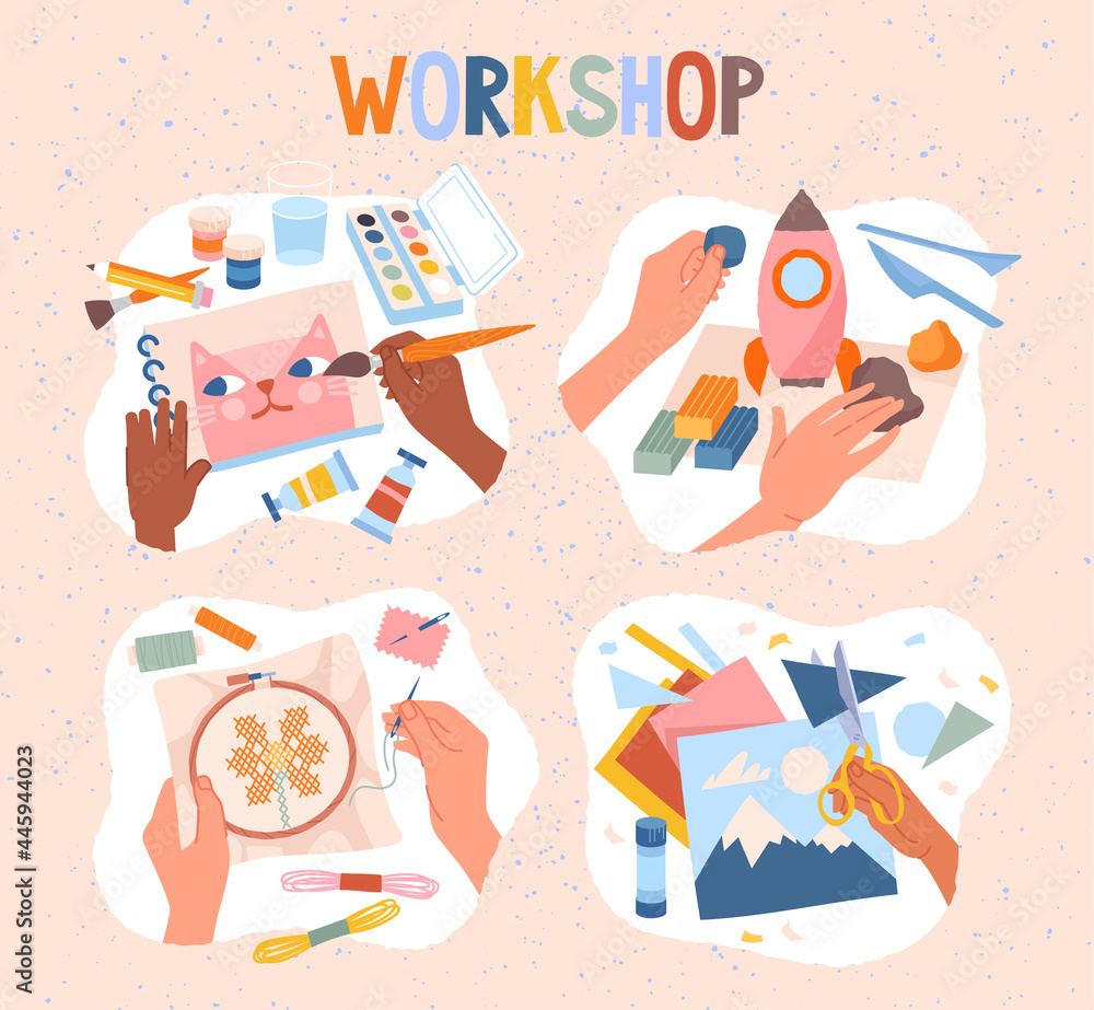 Diverse kids painting, stitching, sculpting from plasticine and cutting colored paper, creative, top view workshop for children. Set of flat cartoon hand drawn vector illustrations