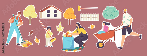 Set of Stickers Family Characters Cleaning Backyard, Collecting Fallen Autumn Leaves, Raking Garbage. Weekend Yardwork