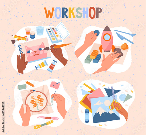 Diverse kids painting, stitching, sculpting from plasticine and cutting colored paper, creative, top view workshop for children. Set of flat cartoon hand drawn vector illustrations