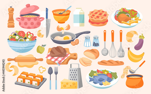 Cooking set. Household kitchen food preparation items concept. Object collection with kitchenware, dishes, diner ingredients prep process as domestic catering. Flat cartoon vector illustration.