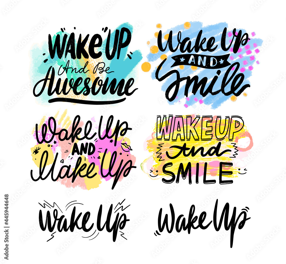 Wake Up and Smile Banner, Creative Typography with Cartoon Elements Isolated on White Background. Greeting Cards