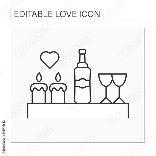 Romantic dinner line icon. Dinner with candles, drink and glasses. Romantic event for beloved person. Love concept. Isolated vector illustration. Editable stroke