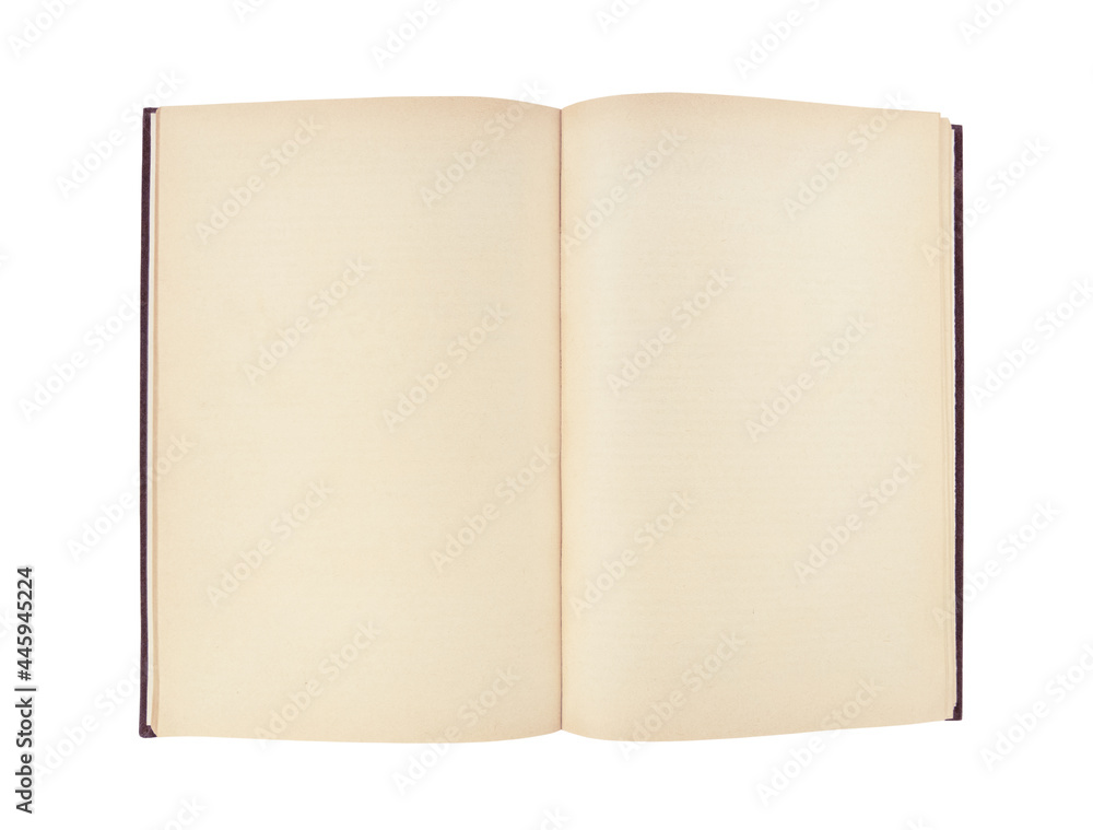 Old open book with empty pages isolated on a white background.