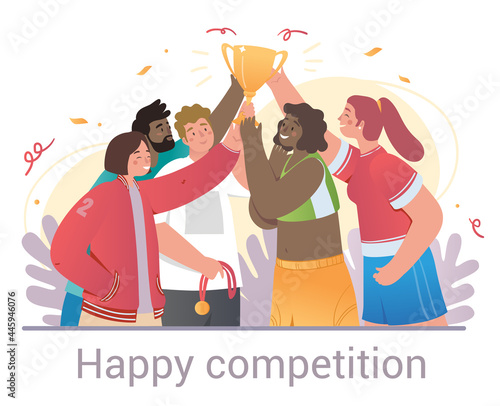 Happy Competition scene with winners and trophies celebrating with diverse multiracial friends or team mates, men and women, flat cartoon colored vector illustration with text