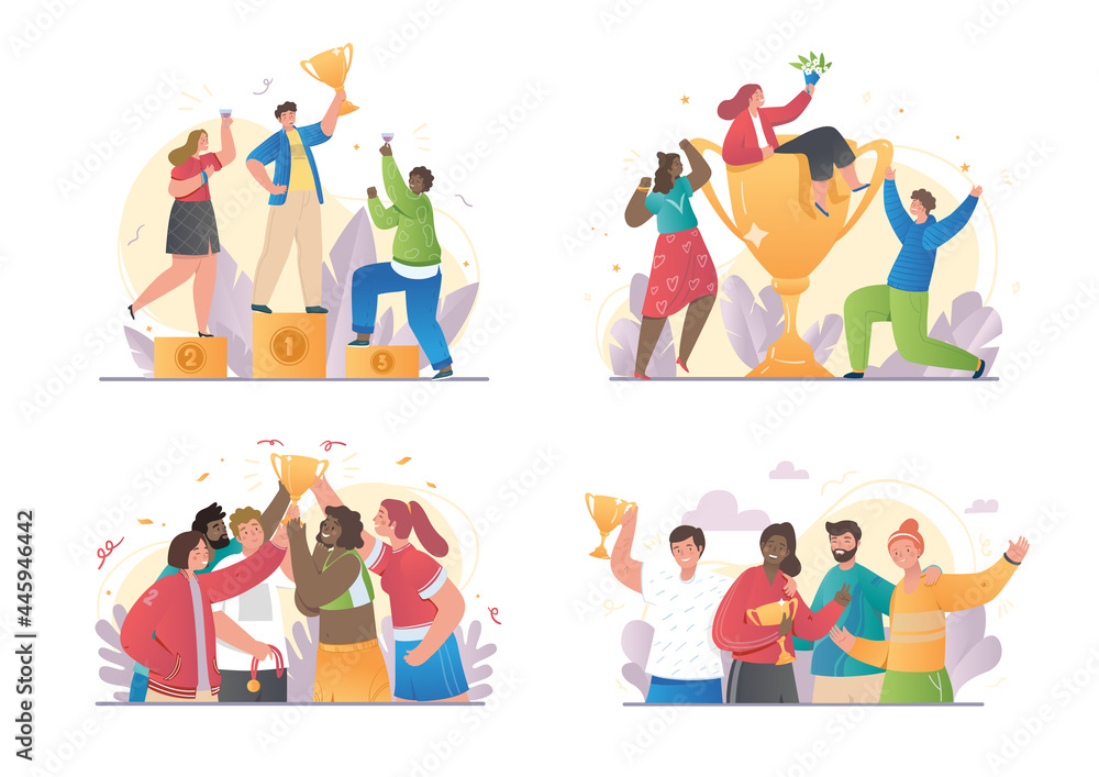 Collection of four different Happy Competition scenes with winners and trophies celebrating with diverse friends or team mates, set of isolated on white background colored vector illustrations