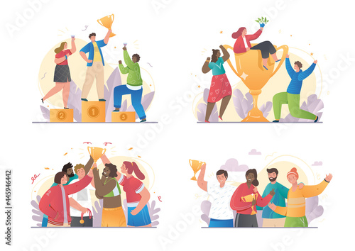 Collection of four different Happy Competition scenes with winners and trophies celebrating with diverse friends or team mates, set of isolated on white background colored vector illustrations