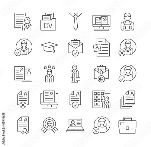 Simple Set of CV, Resume, Self Presentation Vector Line Icons. Portfolio, Sketch Book, Manager, Graduation, Diploma and more. Editable Stroke. Set of Outline Vector Icons Isolated on white background