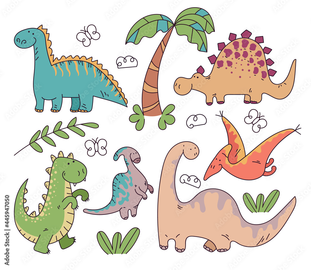 Naklejka premium Children kid fun cartoon hand drawn doodle dinosaurs isolated set. Vector flat cartoon design illustration