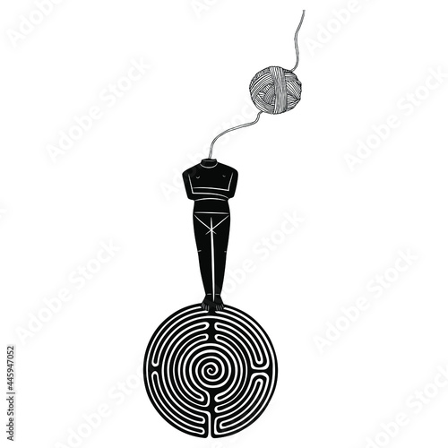 Headless female figurine of Cycladic idol with yarn ball as her head and a round spiral maze or labyrinth symbol. Ariadne's thread. Ancient Greek mythology. Black and white silhouette.