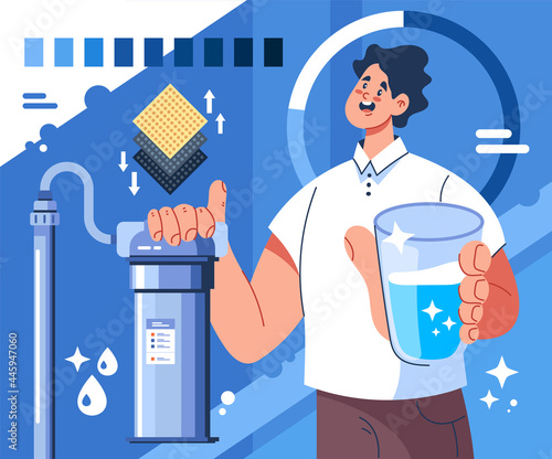 Man character drinking clean water. Vector flat cartoon design illustration
