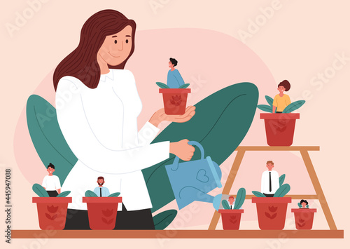 Woman leader watering flower pots with staff inside. Mentoring and growing employees. Concept of management, human resources, supervise, professional growth, career. Flat cartoon vector illustration