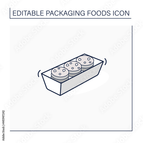 Cookies line icon. Tasty cookies in plastic package. Portion control, protection, tampering resistance from bacteria. Packing food concept. Isolated vector illustration. Editable stroke