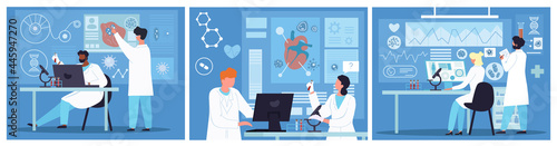 Group of diverse scientists work in laboratory. Professional genetic research lab, virus and blood researches. Water quality diagnostics. Hospital professional lab. Set of flat vector illustrations