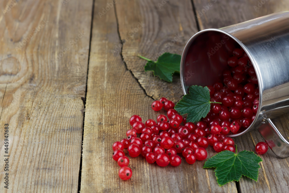 Red currant in a metall mug on wooden background Red currant in a metall mug on wooden background