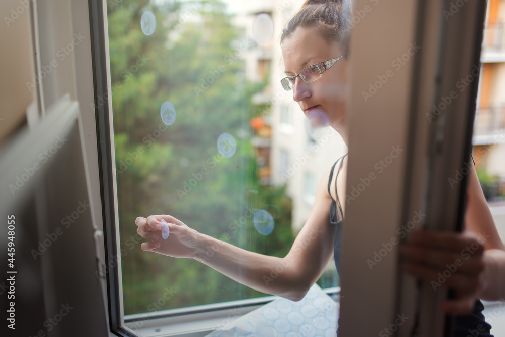 Woman sticking decals on windows for birds. These decals has a special