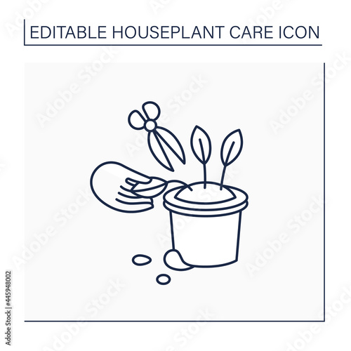 Gardening line icon. Remove dying leaves. Trimming leaflets.Home gardening. Houseplant care concept.Isolated vector illustration.Editable stroke