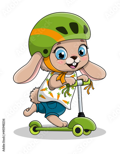 Cute cartoon baby rabbit wearing helmet riding electric or kick scooter. Flat cartoon vector illustration isolated on white background. T-Shirt design for kids, invitation or celebration card template