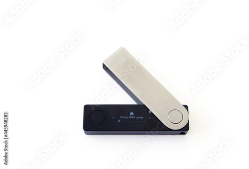 Schilderij op canvas Cryptocurrency hardware wallet locked screen ready for user to enter pin code to login