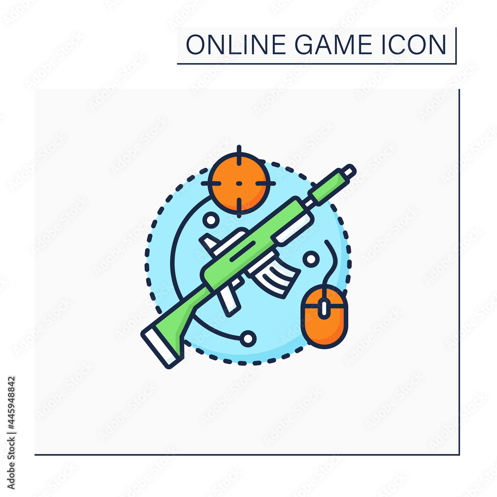 Shooting game color icon. Computer entertainment with guns.Firing weapons at targets. Online game concept. Isolated vector illustration Shooting game color icon. Computer entertainment with guns.Firing weapons at targets. Online game concept. Isolated vector illustration