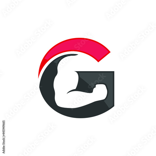 Letter G and biceps hand icon. Logo design. Vector Illustration.