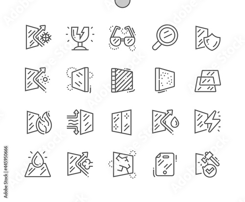 Glass properties. Glass for windows. Broken glass. Fragile glass. Pixel Perfect Vector Thin Line Icons. Simple Minimal Pictogram