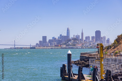 Sunny view of the Alcatraz Island and San Francisco skyline