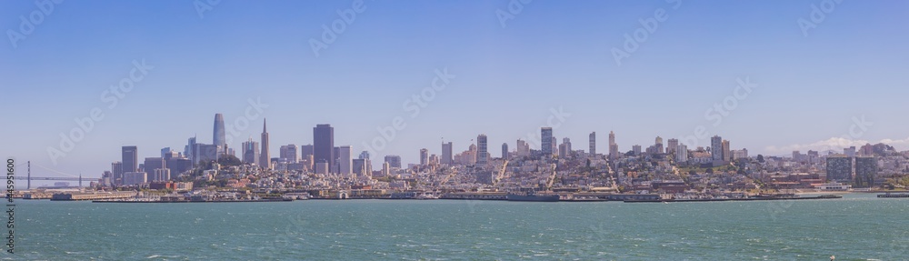 Sunny view of the San Francisco skyline from Alcatraz island