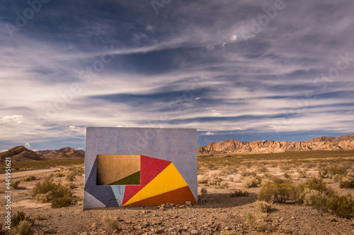 Isolated room with a wall painted with colours in a lonely desertic landscape in Uspallata  Mendoza  Argentina 