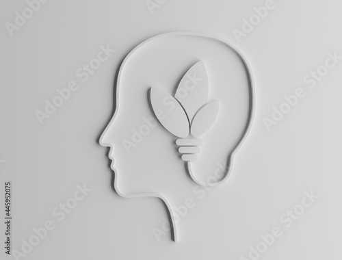 3D rendering of a silhouette of a head made of electrical cable bringing electricity to a lightbulb made of leaves, conceptualization of sustainability, green economy, innovation and cleantech 
