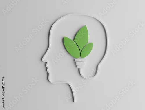 3D rendering of a silhouette of a head made of electrical cable bringing electricity to a green lightbulb made of leaves, conceptualization of sustainability, green economy, innovation and cleantech 