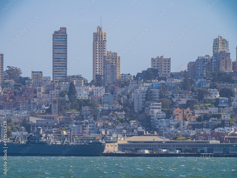 Sunny view of the San Francisco skyline from Alcatraz island