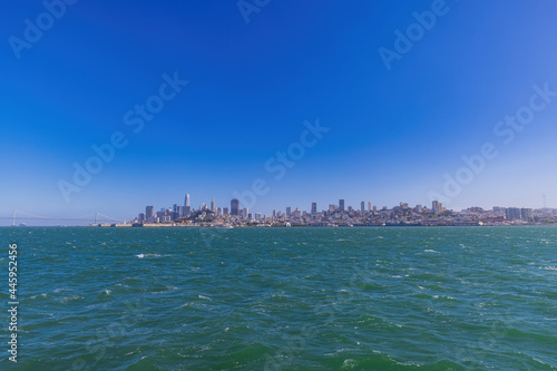 Sunny view of the San Francisco skyline from Alcatraz island