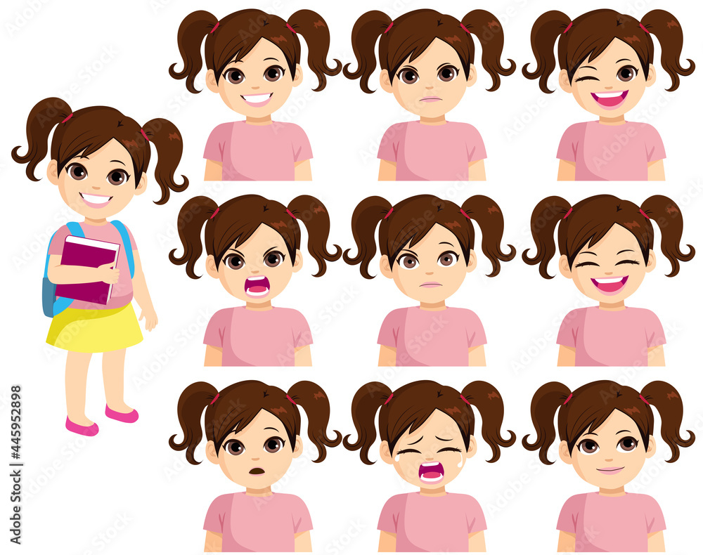 Preschooler white brunette girl ready back to school concept making nine different expressions Preschooler white brunette girl ready back to school concept making nine different expressions