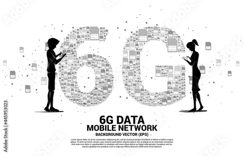 Silhouette of man and woman use mobile phone with 6G from mobile sim card networking. Concept for mobile telecommunication global network.