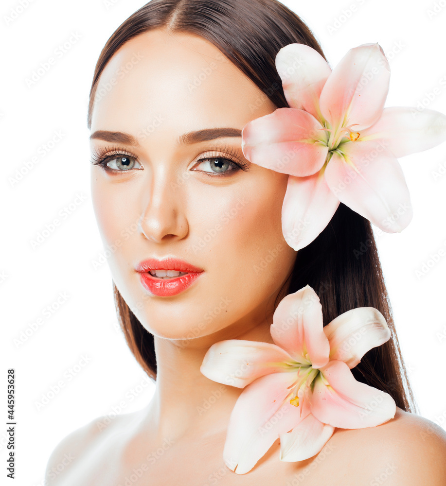 young attractive lady close up with hands on face isolated flower lily brunette spa nude makeup macro young attractive lady close up with hands on face isolated flower lily brunette spa nude makeup macro