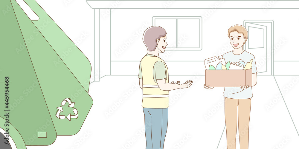 a man hand holding rubbish recyclables in box coming out of the house for garbage man with garbage truck. male waste collector picking up trash. separating, recycling and eco friendly concept. a man hand holding rubbish recyclables in box coming out of the house for garbage man with garbage truck. male waste collector picking up trash. separating, recycling and eco friendly concept.
