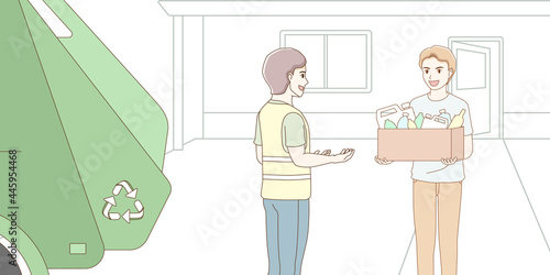a man hand holding rubbish recyclables in box coming out of the house for garbage man with garbage truck. male waste collector picking up trash. separating, recycling and eco friendly concept.