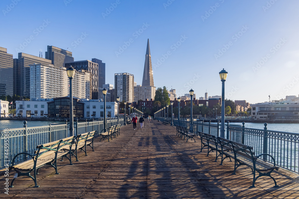 Afternoon view of the Transamerica Pyramid and cityscape from Pier 7 Vista