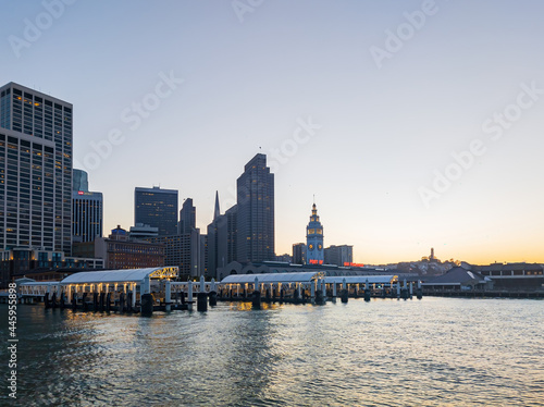 Sunset view of the San Francisco skyline from Pier 14