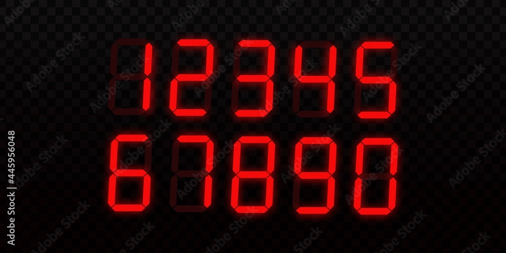 Vector realistic isolated red digital LCD numbers on the transparent background.