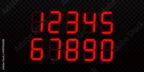 Vector realistic isolated red digital LCD numbers on the transparent background.