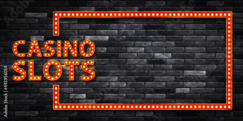 Vector realistic isolated retro marquee billboard with electric light lamps of Casino Slots frame logo for invitation on the wall background.